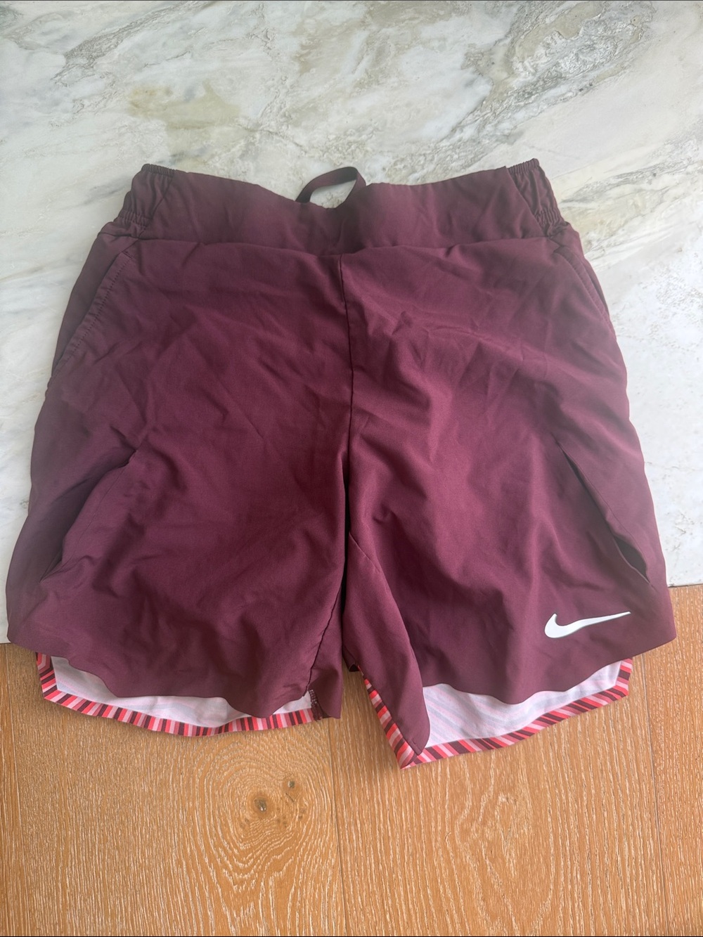 Nike mens  Maroon Athletic Shorts with Striped Inner Liner